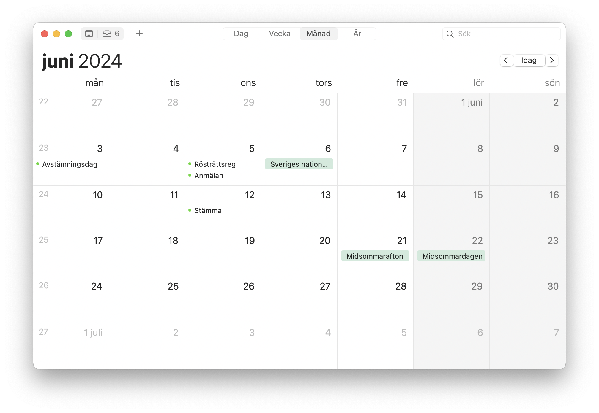 Kalender för juni 2024 för att räkna dagar inför stämma